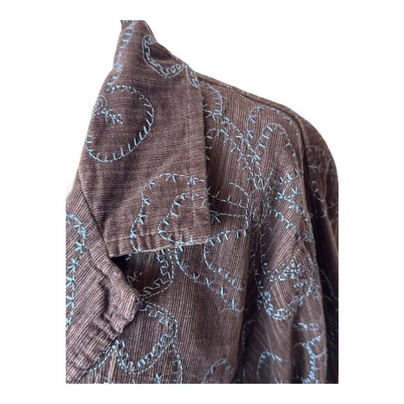 Flax Blazer Women Small Brown Blue Floral Embroidery Corduroy Chore Coat - Picture 6 of 11